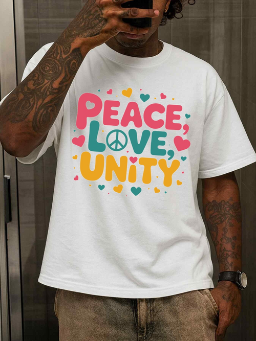 Men's Graphic T-Shirt Peace Love Unity Playful Multicolor Letters With Scattered Hearts And Peace Symbol Typography