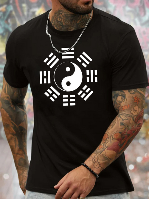 Men's Graphic T-Shirt Monochrome Abstract Design With Ancient Trigrams And Yin Yang Symbol
