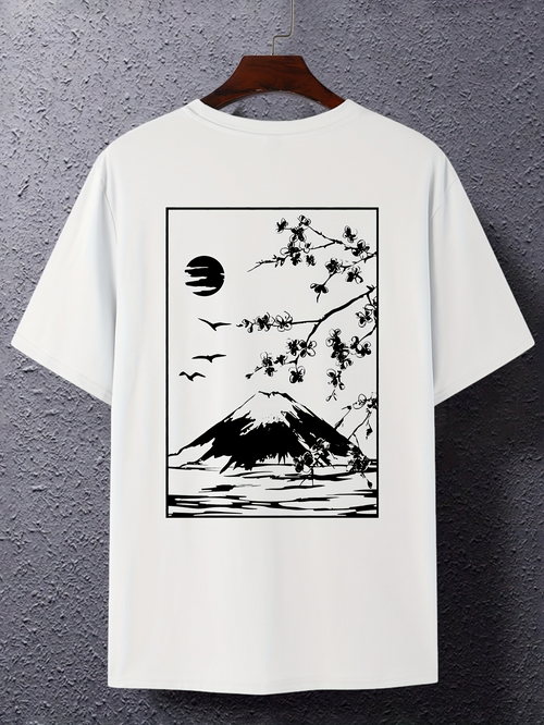 Men's Graphic T-Shirt Cherry Blossom Branches With Flying Birds Over Moonlit Mountain