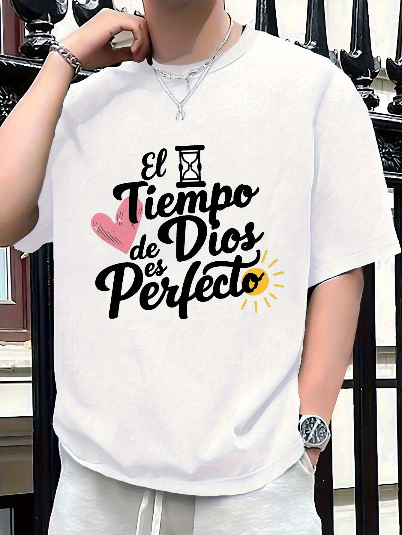 Men's Graphic T-Shirt Pink Heart And Hand Drawn Sunburst Surrounding Inspirational Phrase
