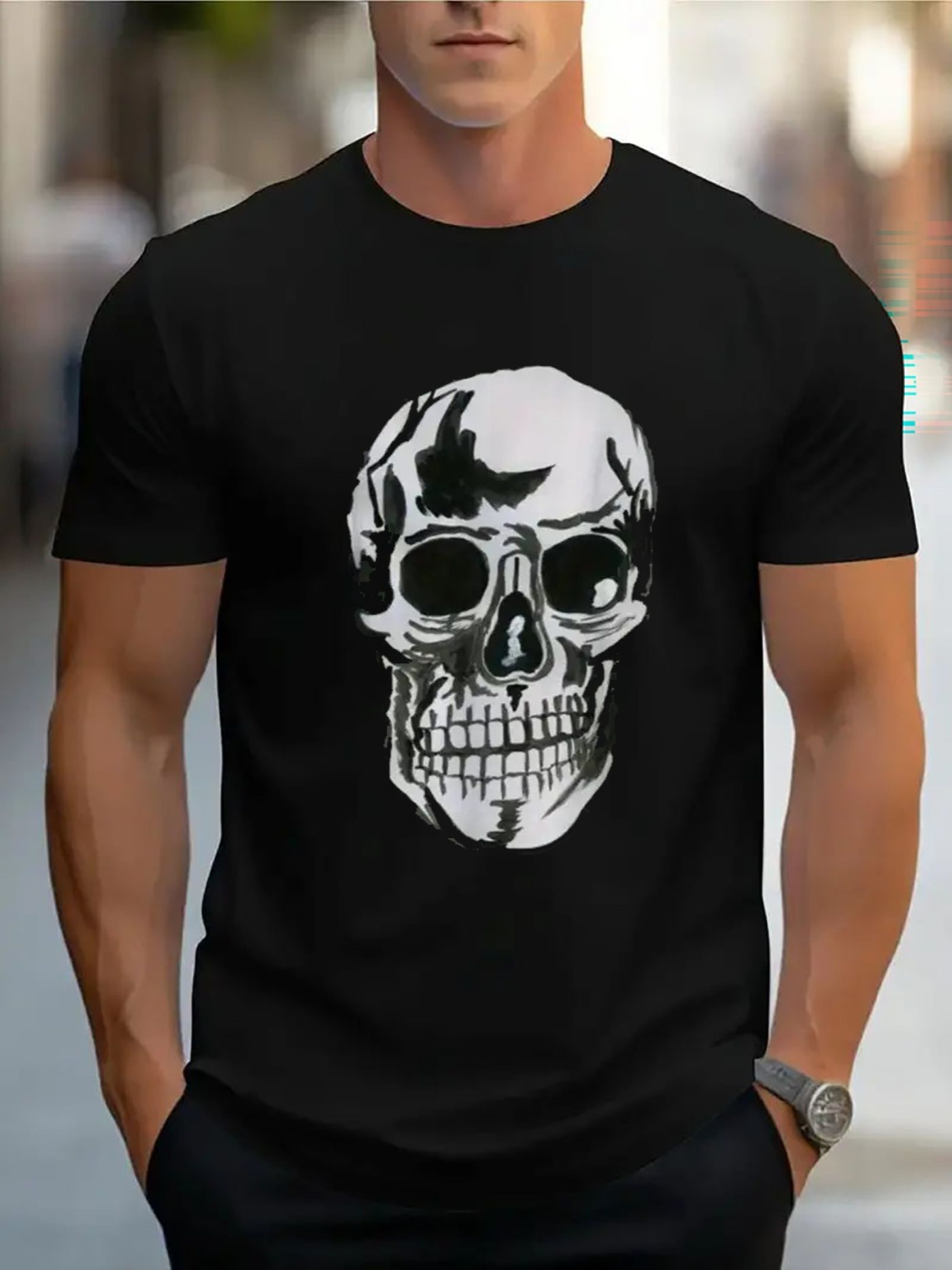 Men's Graphic T-Shirt Reflective Highlights And Shadows Forming Artistic Human Skull