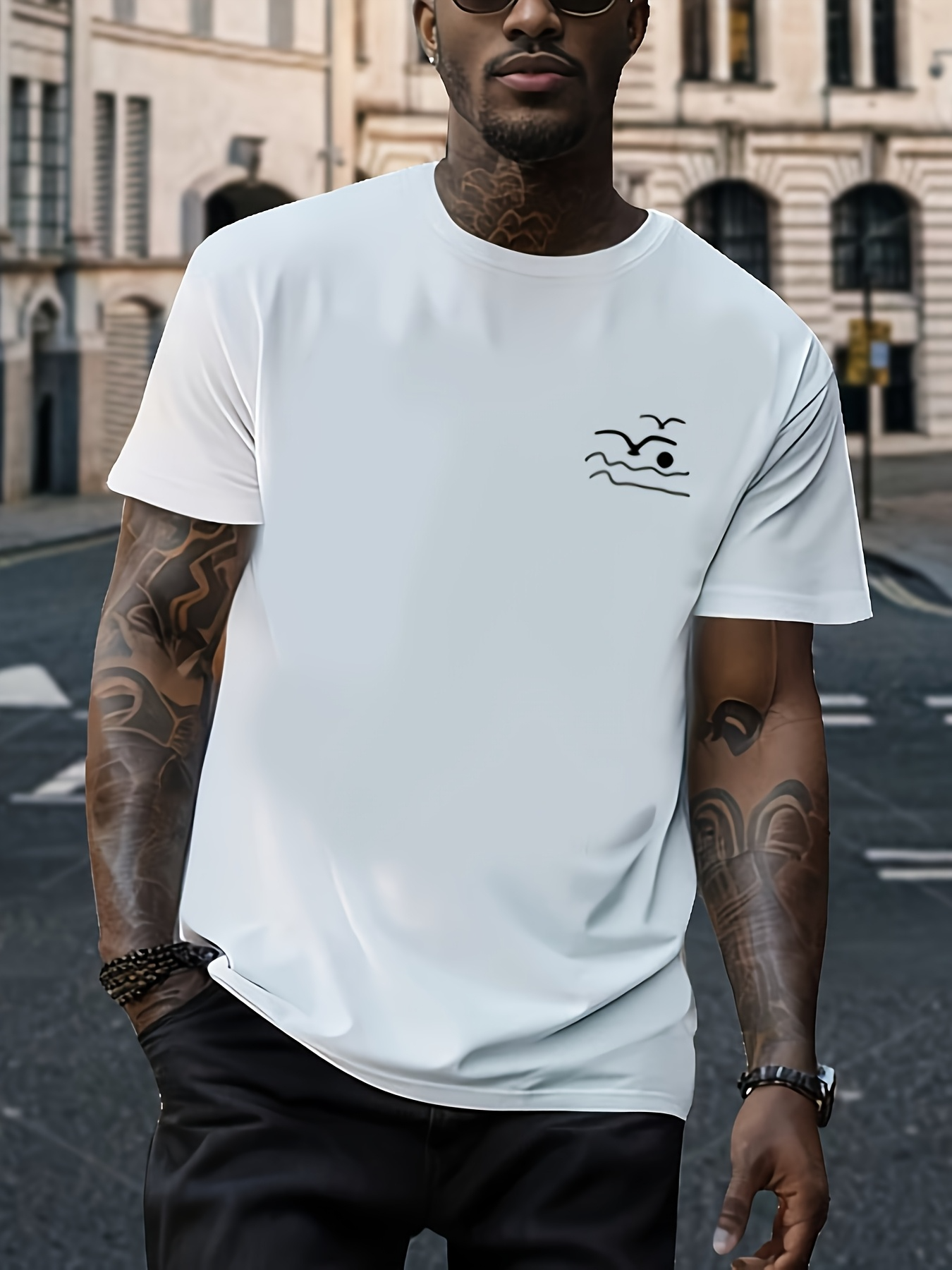 Men's Graphic T-Shirt Minimalist Sunrise With Flying Seagull Over Gentle Ocean Waves