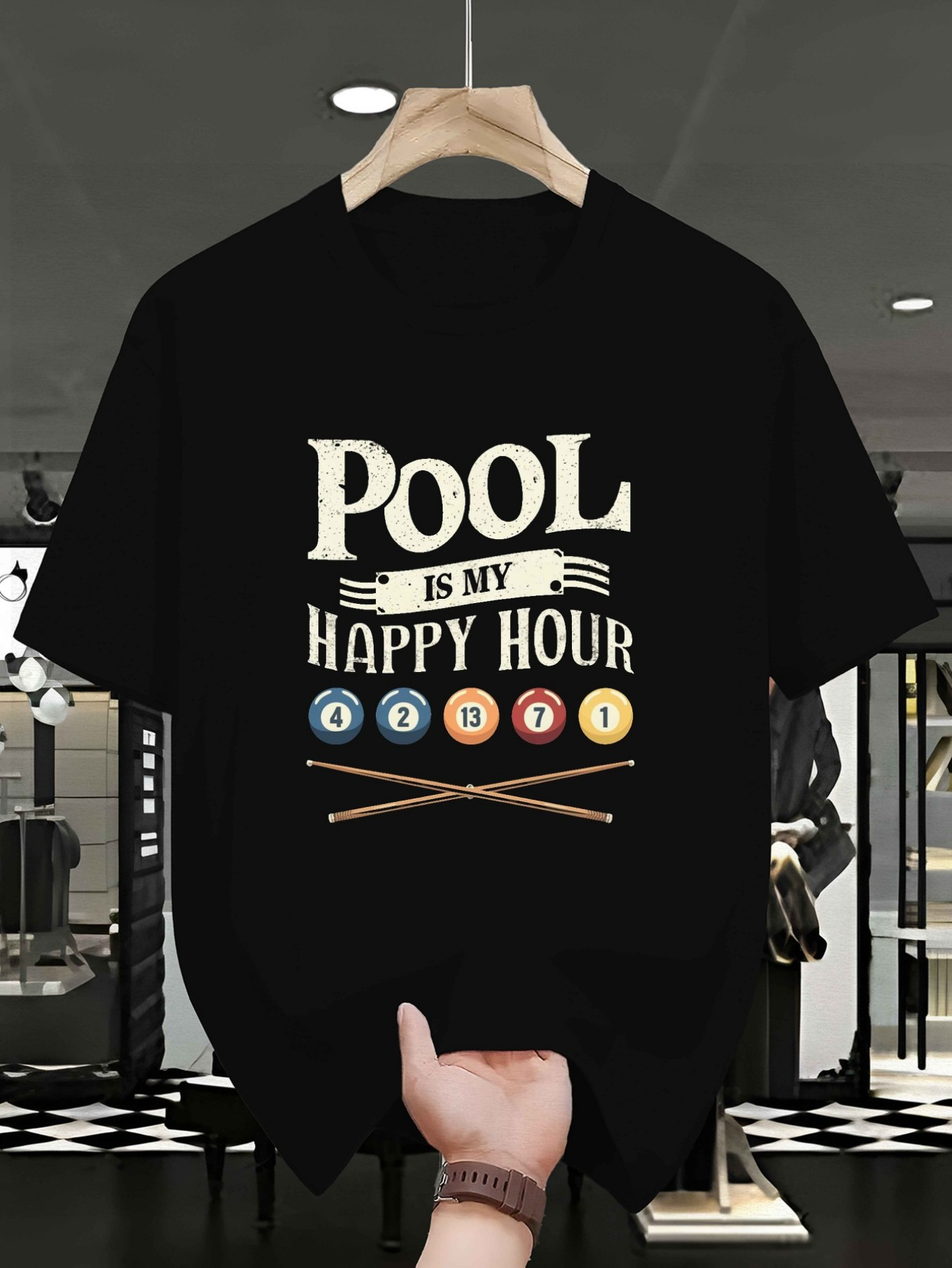 Men's Graphic T-Shirt Pool Is My Happy Hour Cue Sticks With Colorful Billiard Balls Illustration