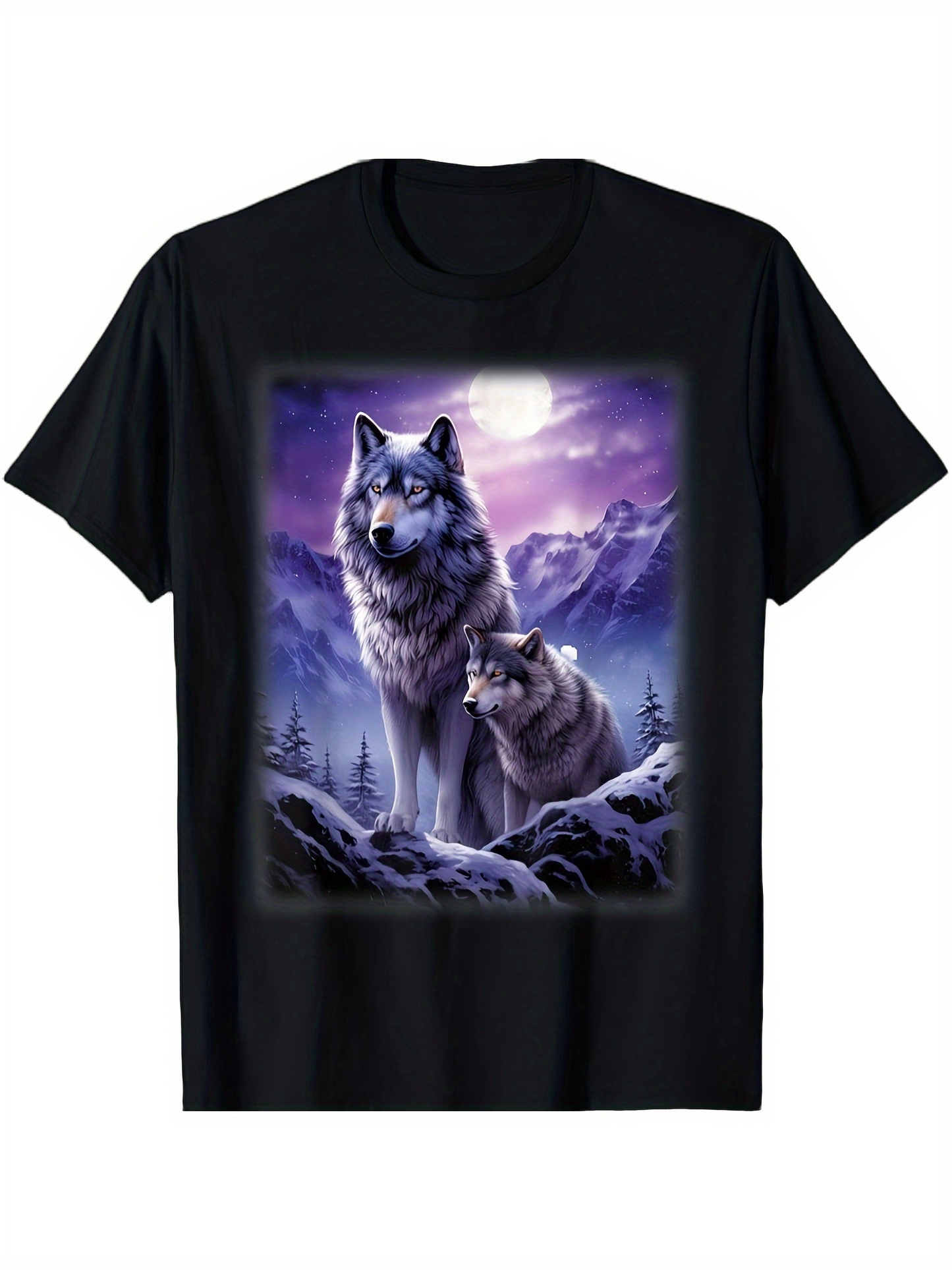 Men's Graphic T-Shirt Misty Purple Night Forest With Two Wolves Surrounded By Mountains And Moonlight Wolf