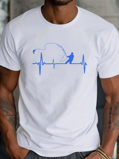 Men's Graphic T-Shirt Heartbeat Waves Line Art Fisherman Under Open Sky