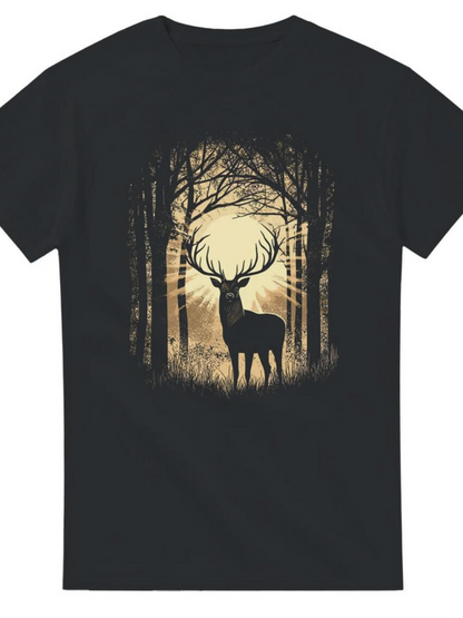 Men's Graphic T-Shirt Golden Sunlight Filtering Through Silent Forest With Majestic Antlered Deer