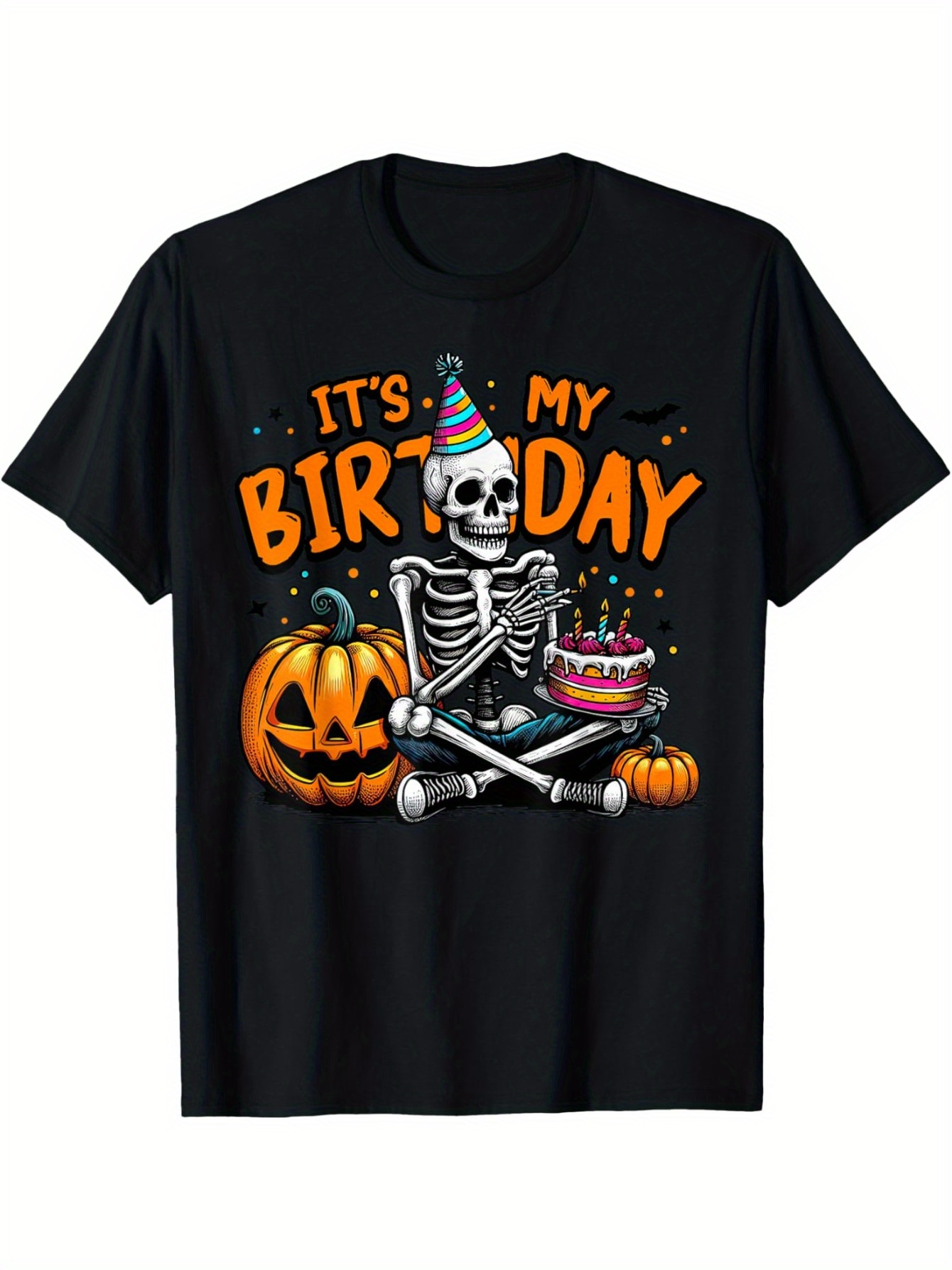 Men's Graphic T-Shirt Its My Birthday Skeleton With Pumpkin Party Hat And Cake