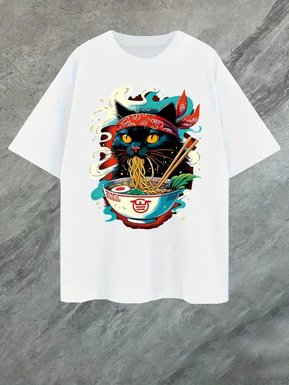 Men's Graphic T-Shirt Colorful Headband Cat Eating Noodles Among Swirling Steam Bowl