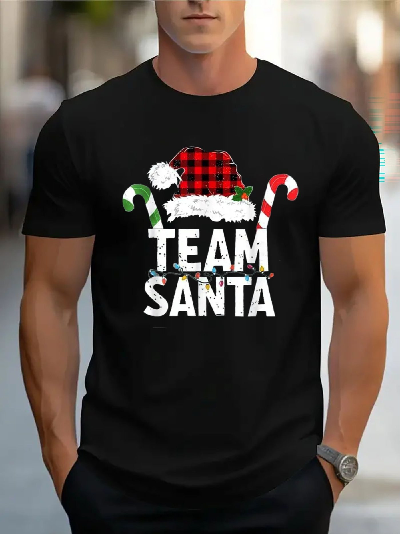 Men's Graphic T-Shirt Team Santa With Red Plaid Santa Hat And Festive Candy Canes