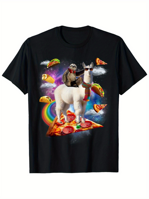 Men's Graphic T-Shirt Colorful Pizza Slices With Rainbow Clouds And Sunglasses Llama