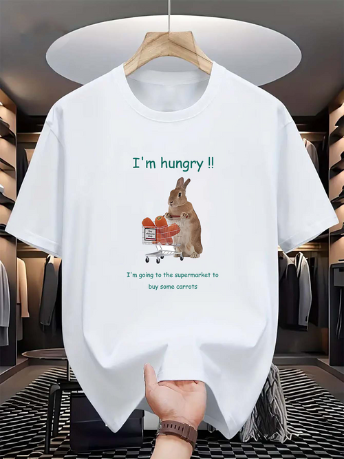Men's Graphic T-Shirt Im Hungry Bunny Holding Shopping Cart With Groceries Under Soft Lighting