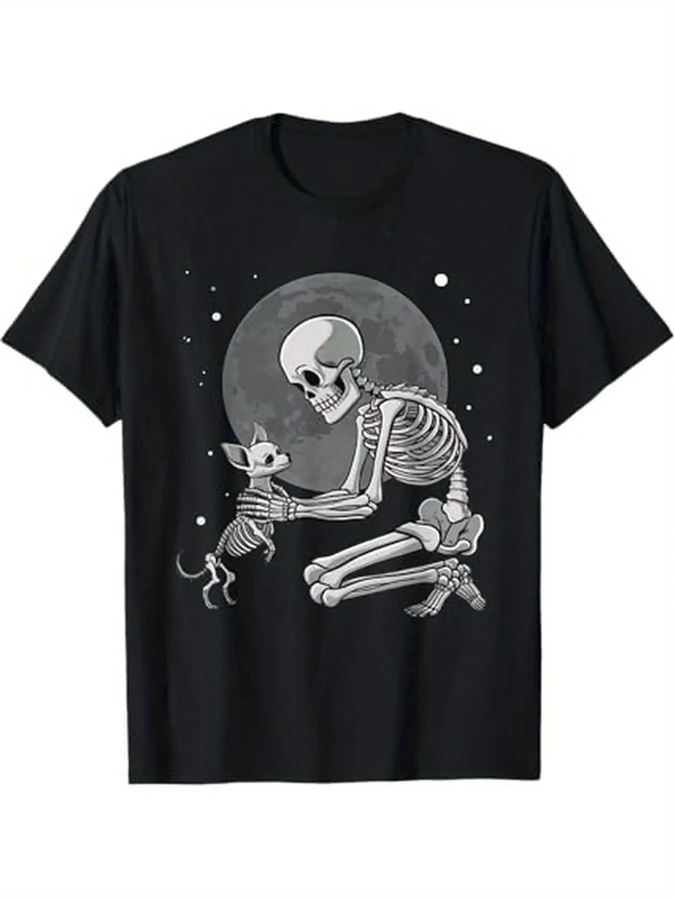 Men's Graphic T-Shirt Full Moon Night With Kneeling Skeleton And Curious Cat