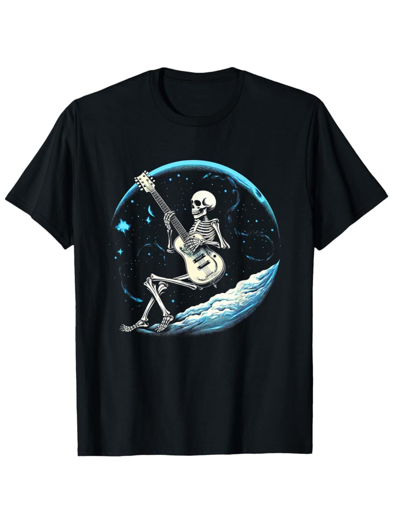 Men's Graphic T-Shirt Starry Night With Skeleton Playing Guitar Under Glowing Blue Crescent Moon