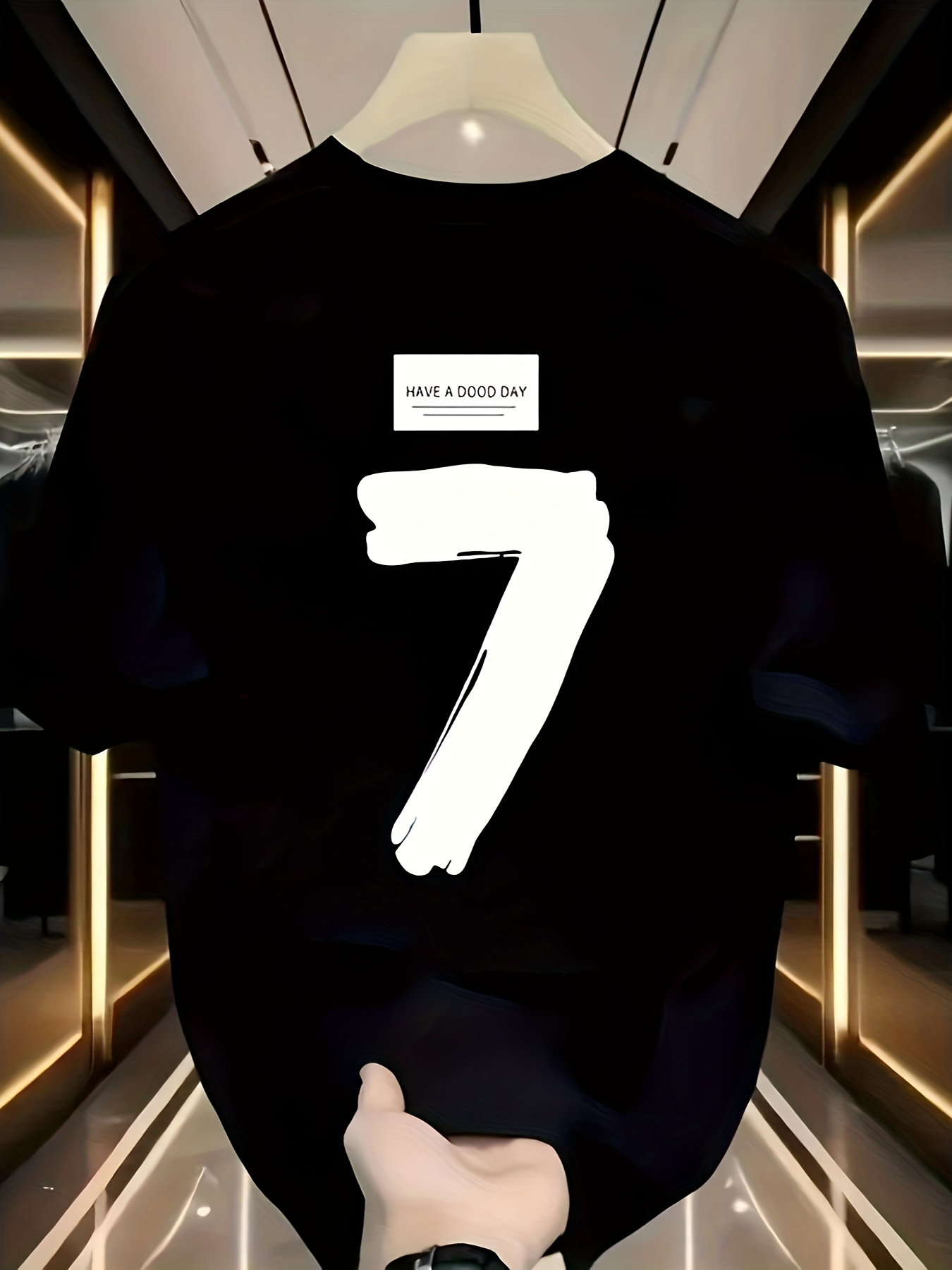 Men's Graphic T-Shirt Large White Painted Number Seven On Black Minimalist T Shirt