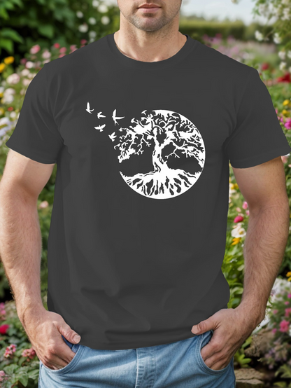Men's Graphic T-Shirt Majestic Tree With Flying Birds In Silhouetted Night Circle