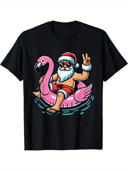 Men's Graphic T-Shirt Relaxed Santa In Sunglasses Sitting On Pink Flamingo Pool Float