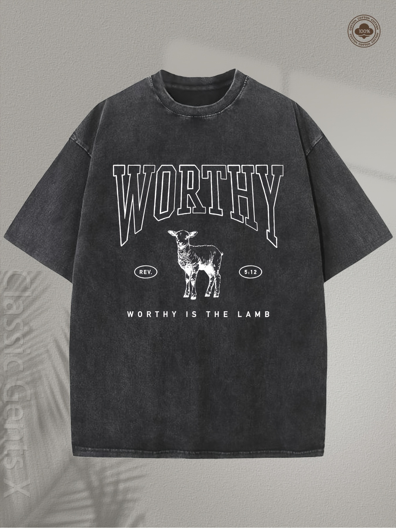 Men's Graphic T-Shirt Worthy The Lamb Textured Lettering With Standing Young Goat