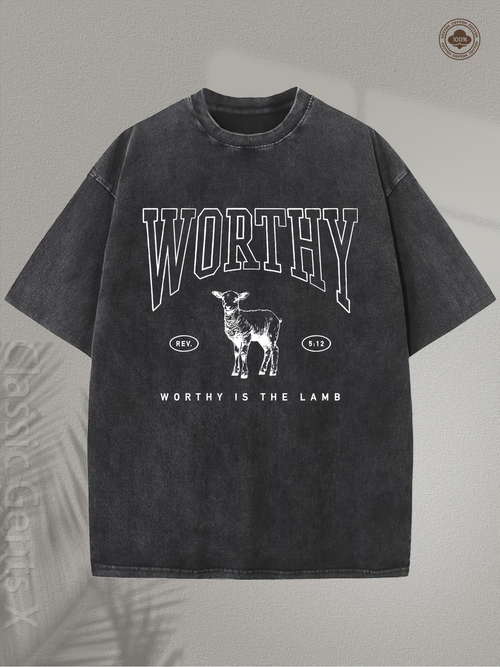 Men's Graphic T-Shirt Worthy The Lamb Textured Lettering With Standing Young Goat