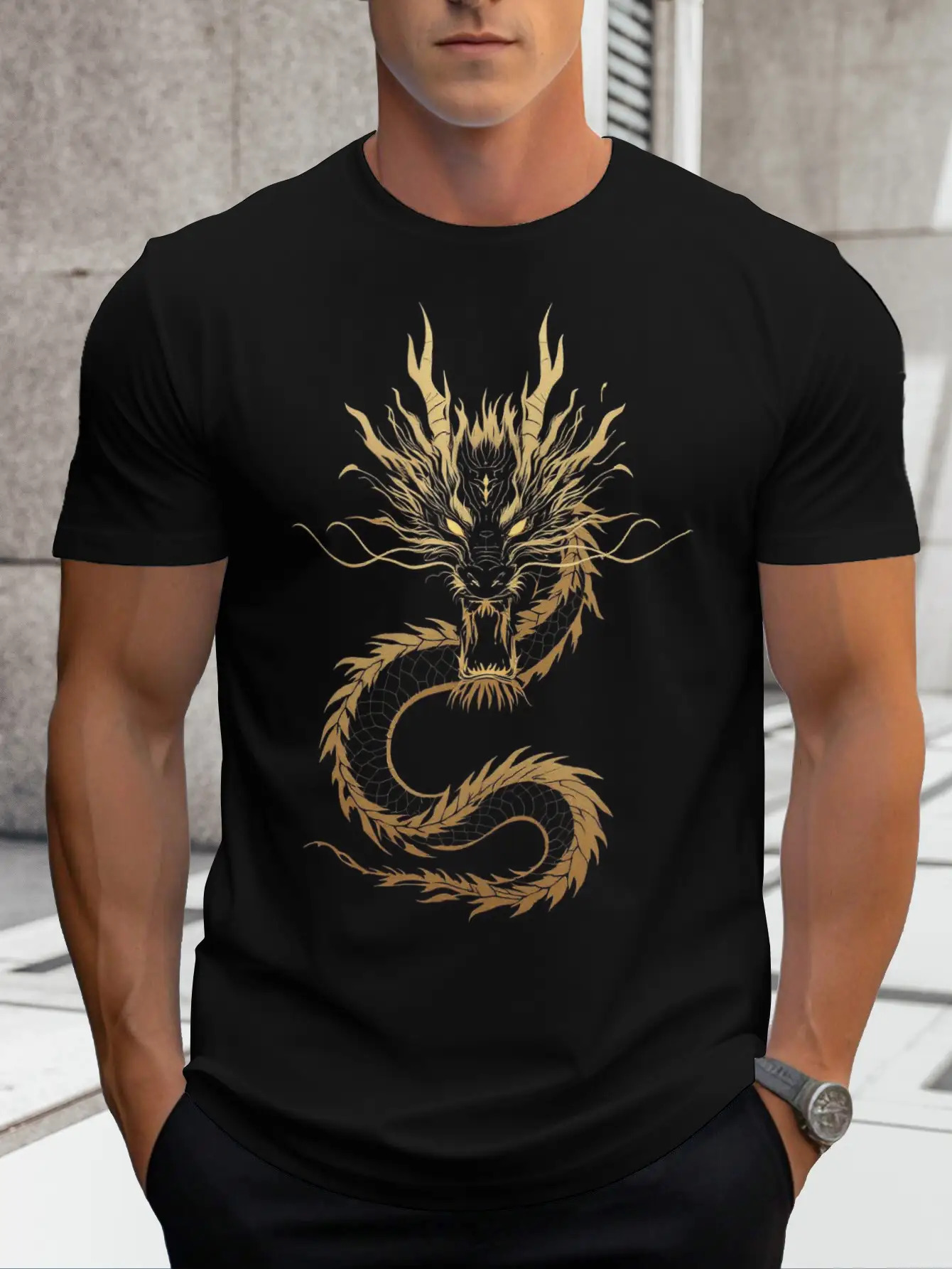 Men's Graphic T-Shirt Golden Scales With Fierce Expression Flowing Whiskers And Long Serpentine Dragon