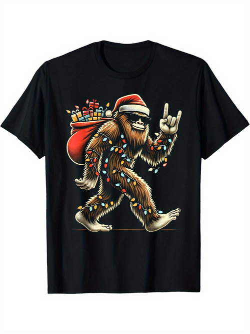 Men's Graphic T-Shirt Christmas Lights With Festive Santa Hat Carrying Gifts Bigfoot