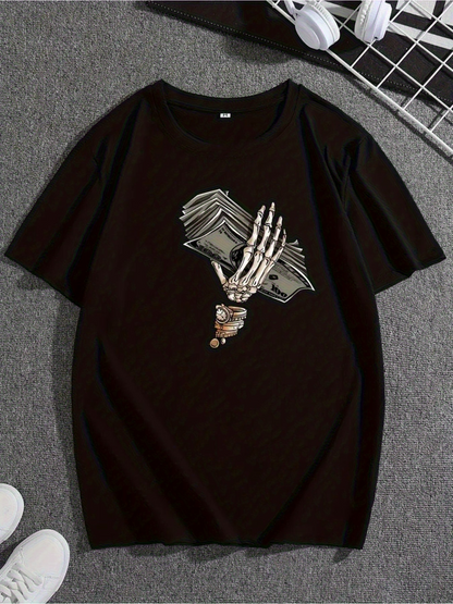 Men's Graphic T-Shirt Skeleton Hand Holding Stacks Of Cash Among Dark Shadows Money