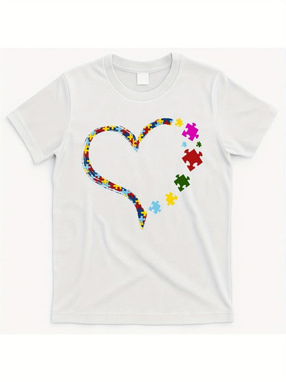 Women's Graphic T-Shirt Colorful Puzzle Pieces Forming An Abstract Curved Heart Shape
