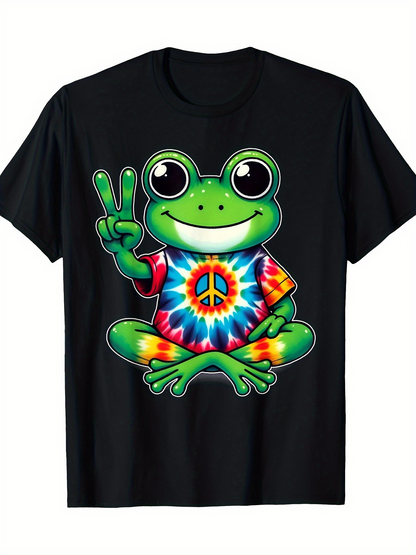 Men's Graphic T-Shirt Groovy Tie Dye Peace Sign Shirt With Smiling Frog