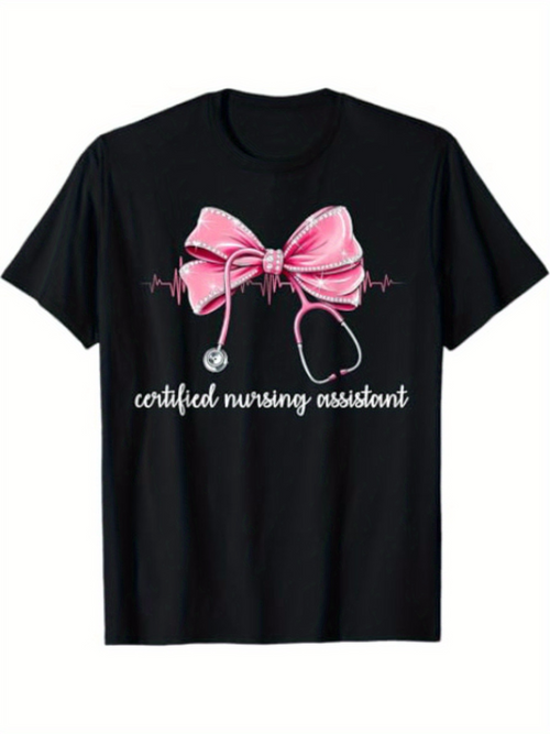 Men's Graphic T-Shirt Certified Nursing Assistant Pink Bow With Heartbeat Pattern Stethoscope