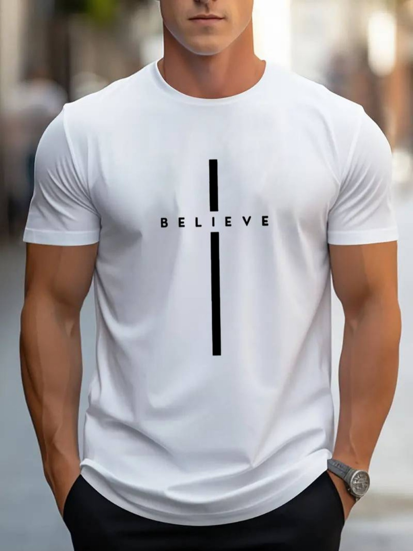 Men's Graphic T-Shirt Believe Minimalist Vertical Graphic With Modern Line Design Typography