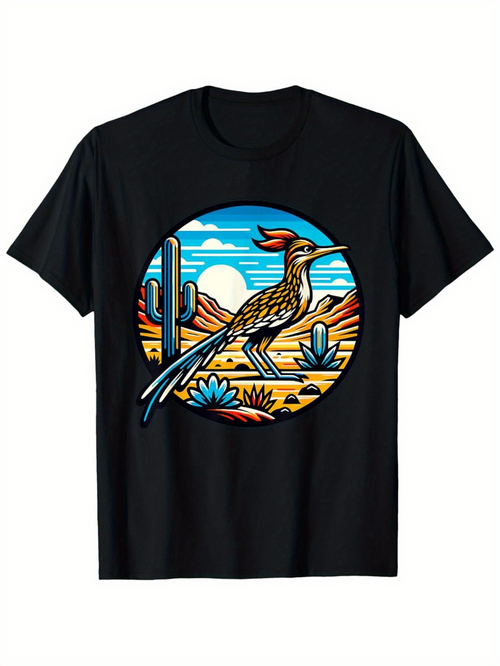 Men's Graphic T-Shirt Desert Sunrise With Colorful Sky Surrounding A Lone Majestic Roadrunner