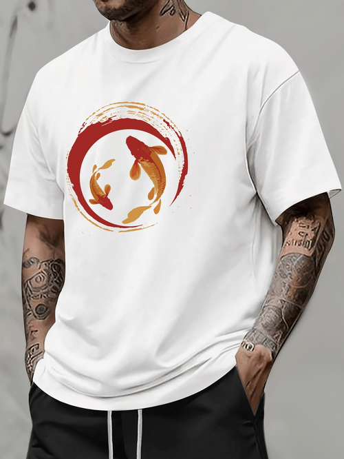 Men's Graphic T-Shirt Artistic Red Brushstrokes With Vibrant Swimming Golden Orange Koi Fish