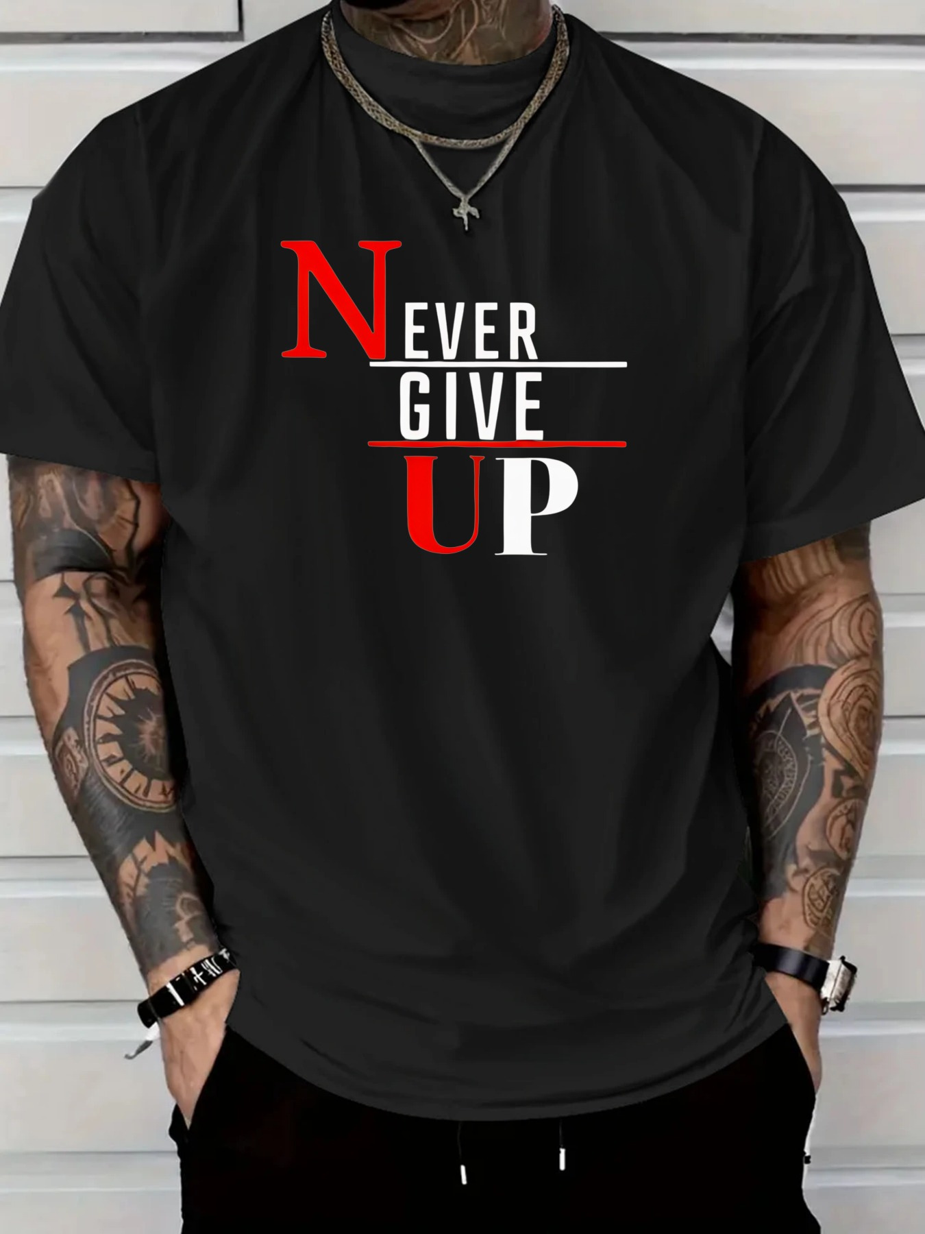 Men's Graphic T-Shirt Never Give Up Bold Motivational Text On Classic Black T Shirt