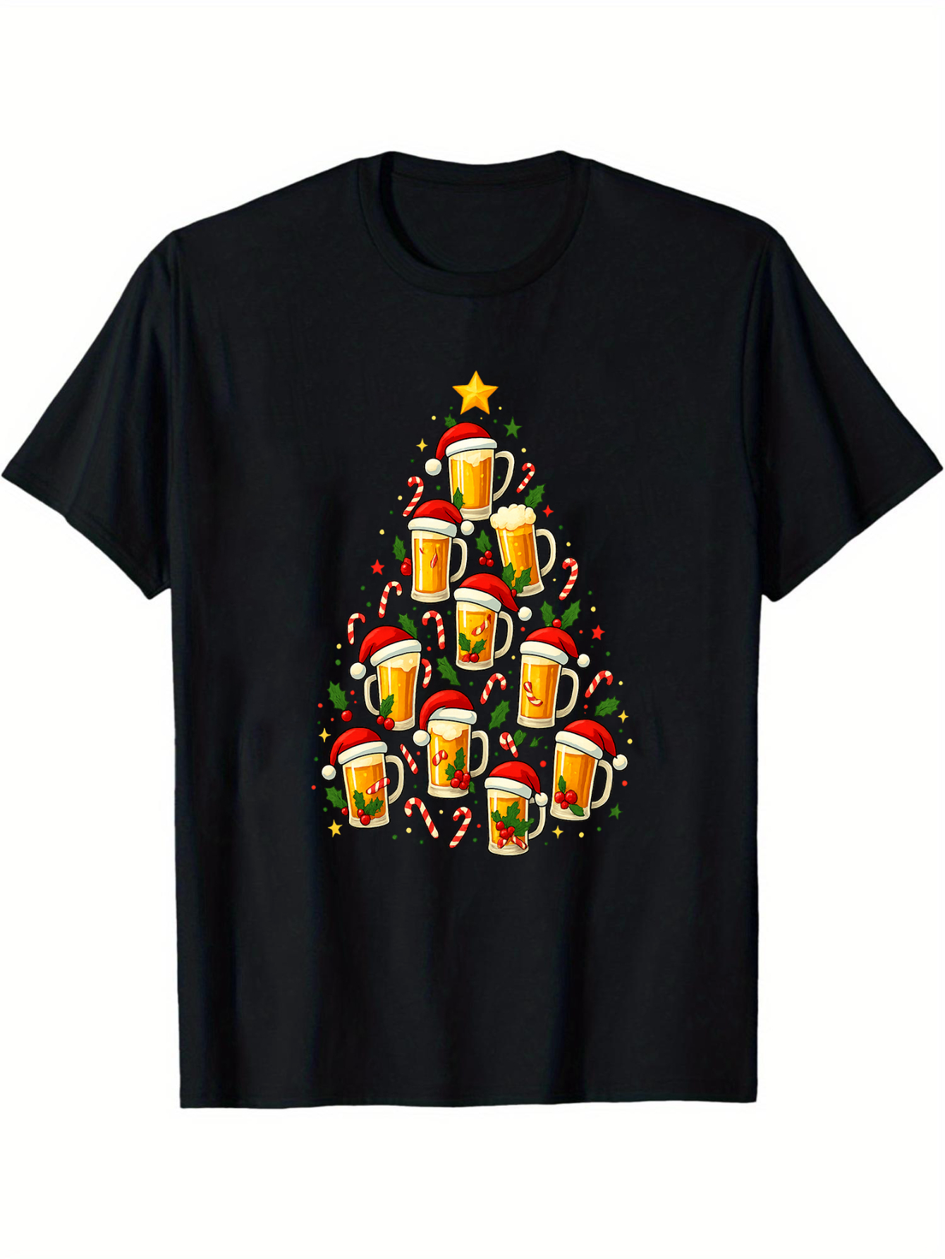 Men's Graphic T-Shirt Sparkling Lights And Santa Hats Forming Festive Holiday Beer Tree
