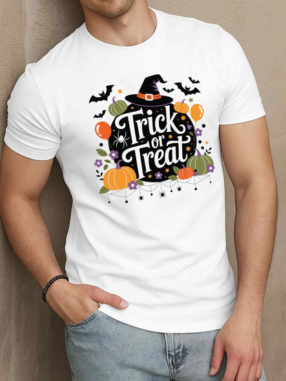 Men's Graphic T-Shirt Trick Or Treat Pumpkins With Balloons Bats Witch Hat Halloween Theme