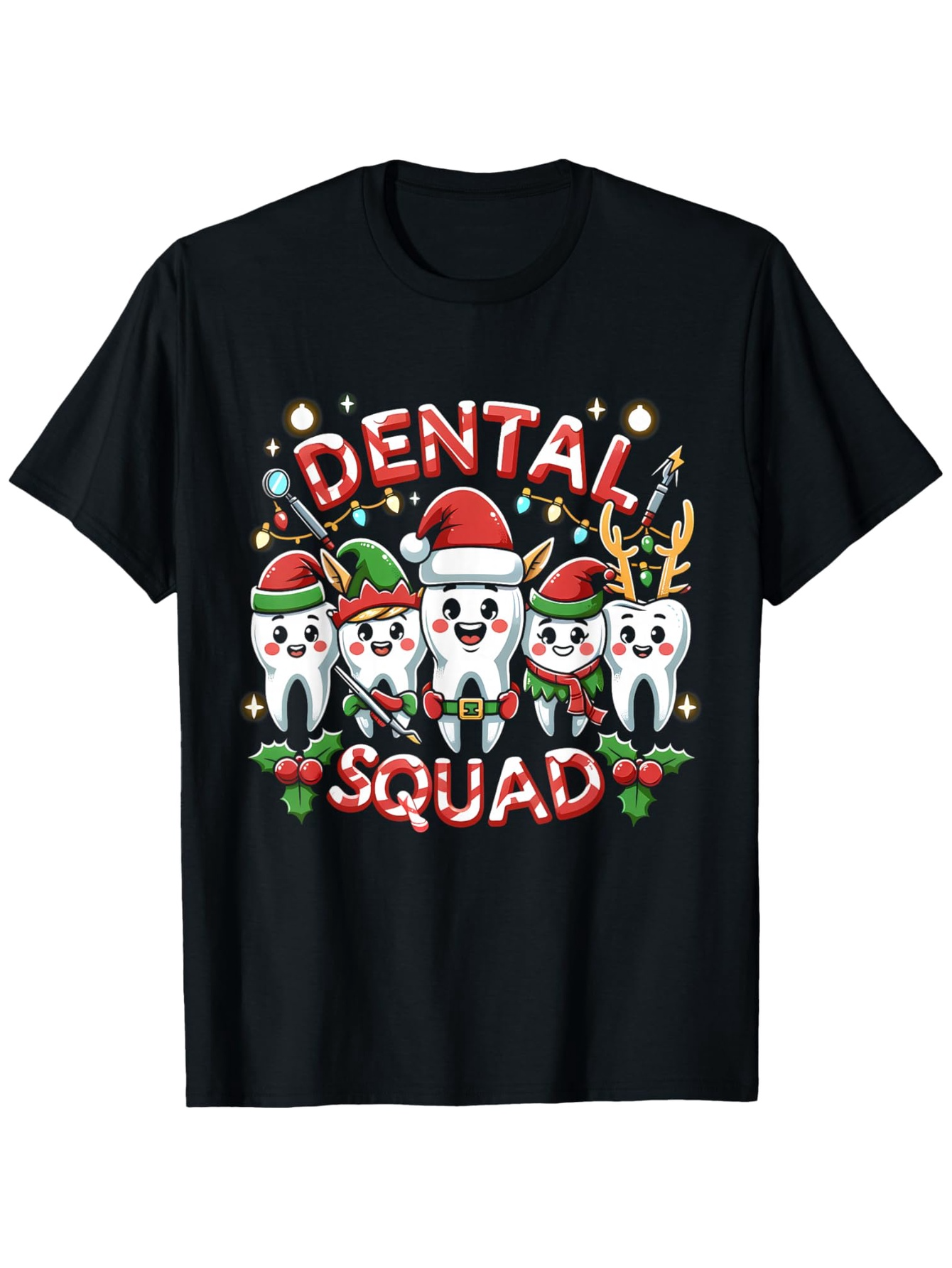 Men's Graphic T-Shirt Dental Squad Holiday Lights With Cute Cartoon Christmas Teeth