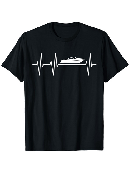 Men's Graphic T-Shirt Heartbeat Line With Classic Speedboat Graphic On Black Shirt Speedboat