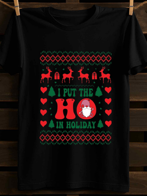 Men's Graphic T-Shirt I Put The Ho In Holiday Whimsical Christmas Reindeer Trees And Santa