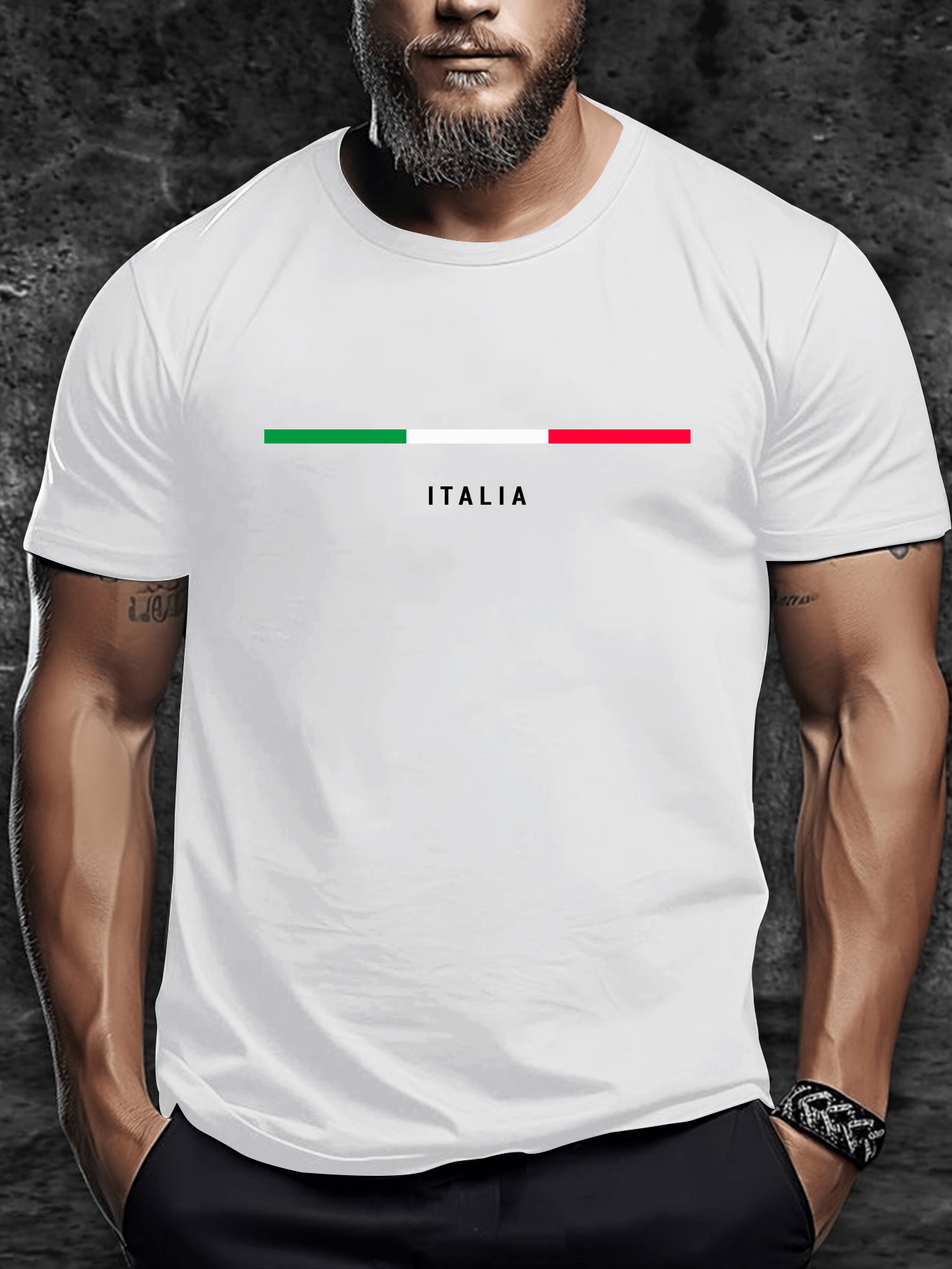 Men's Graphic T-Shirt Italia Minimalist Green And Red Stripes Under Simple Bold Lettering