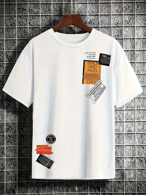 Men's Graphic T-Shirt Urban Labels With Collaged Graphics On Crisp White Cotton T Shirt