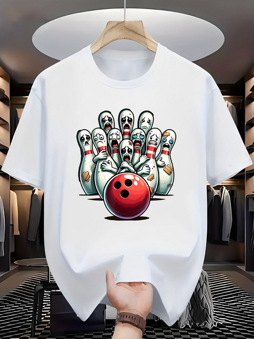 Men's Graphic T-Shirt Funny Faces Among Bowling Pins With Red Bowling Ball
