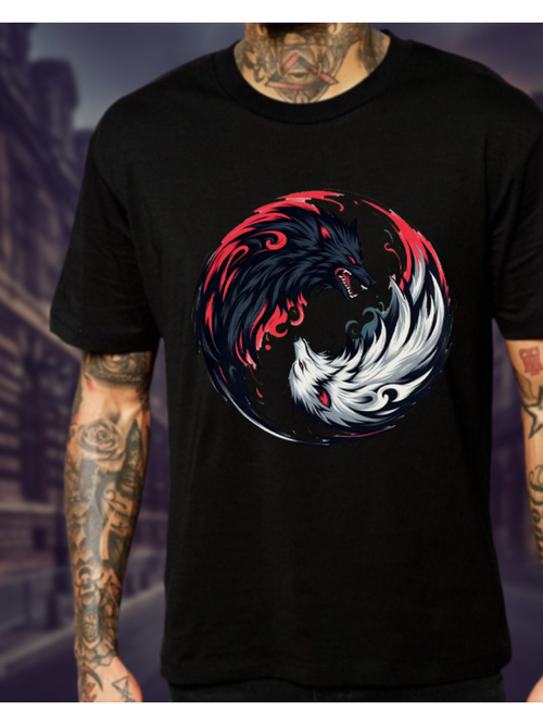 Men's Graphic T-Shirt Dynamic Opposing Wolves In Fiery And Icy Whirl Wind Circle