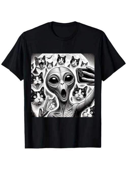 Men's Graphic T-Shirt Surreal Alien With Multiple Cats Taking A Selfie Artwork
