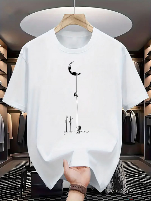 Men's Graphic T-Shirt Three Cats Climbing Up Rope Reaching For Crescent Moon