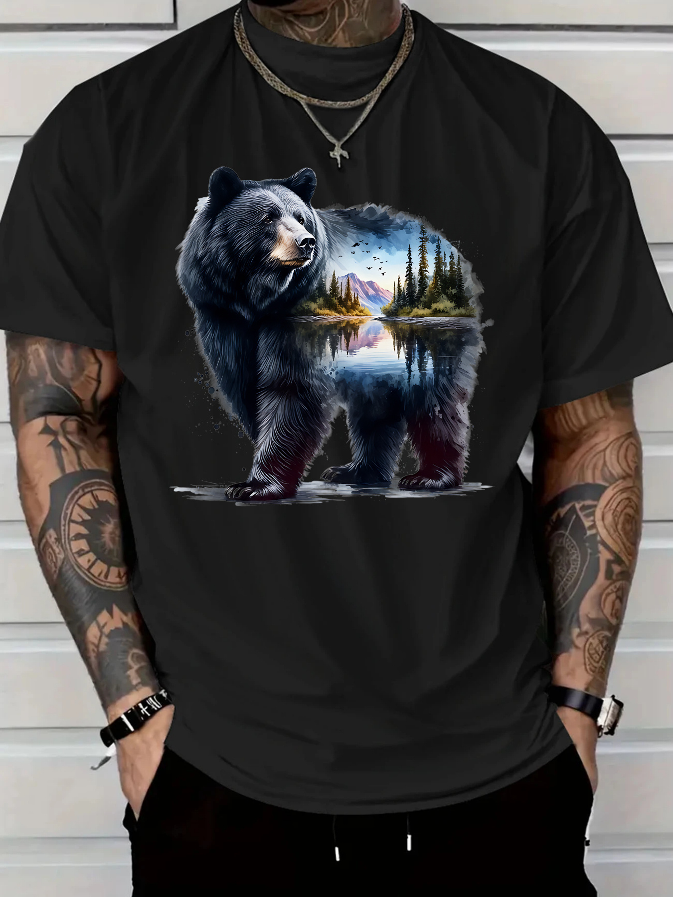 Men's Graphic T-Shirt Mountain Lake Reflection With Forested Landscape Inside Majestic Bear