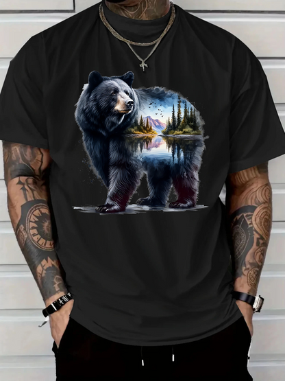Men's Graphic T-Shirt Mountain Lake Reflection With Forested Landscape Inside Majestic Bear