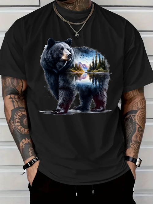 Men's Graphic T-Shirt Mountain Lake Reflection With Forested Landscape Inside Majestic Bear
