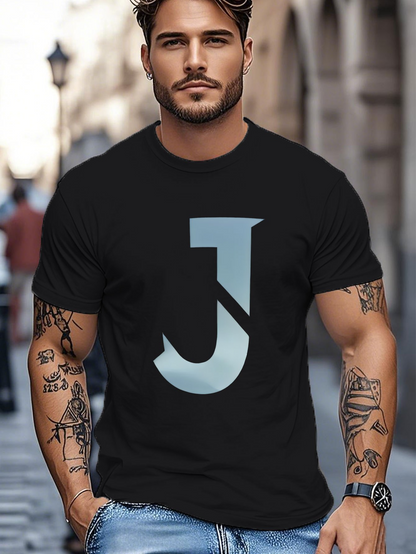 Men's Graphic T-Shirt Large Minimal Letter J Under Soft Blue Light
