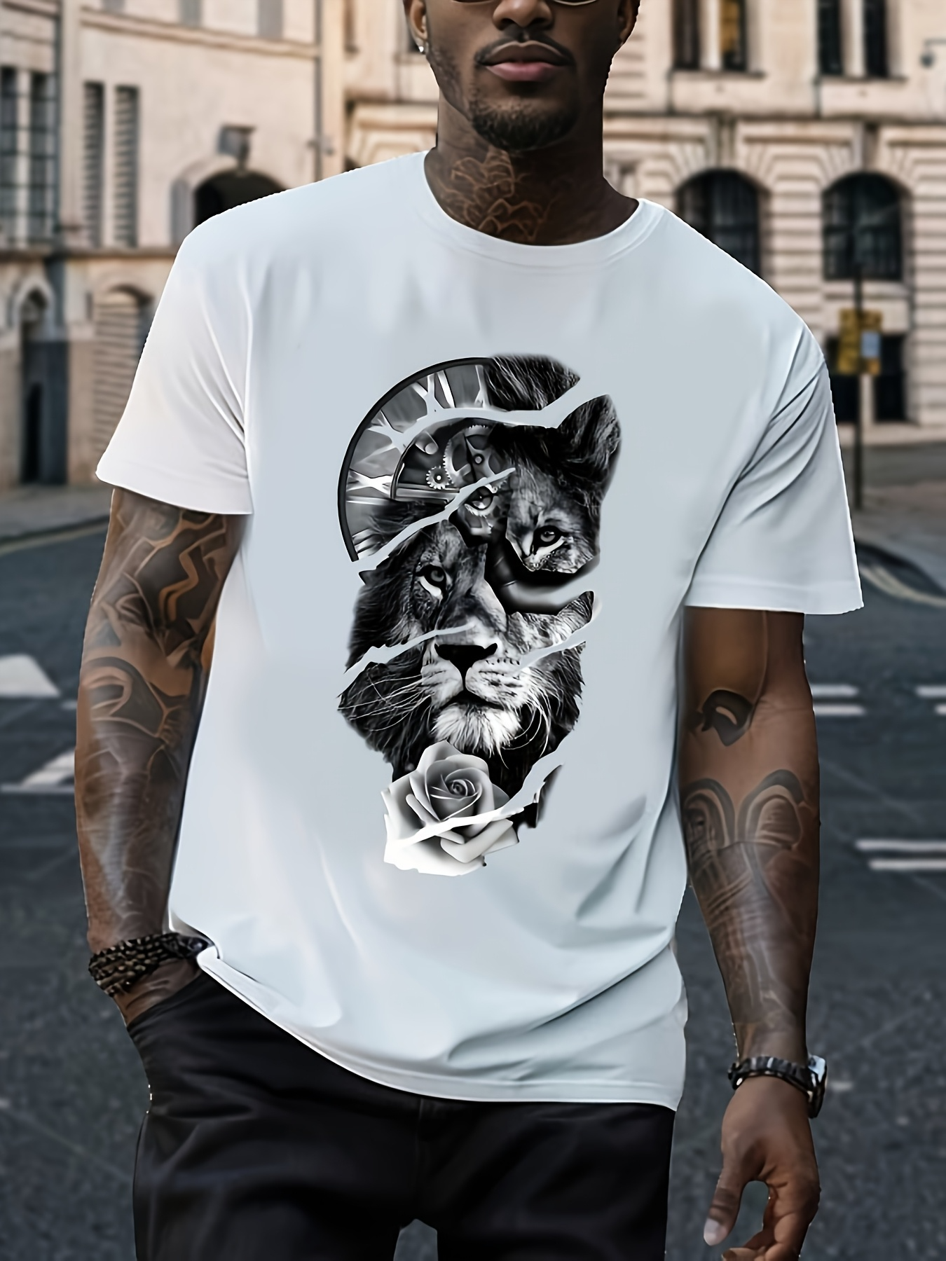 Men's Graphic T-Shirt Monochrome Jungle Vibe With Roaring Lion Surrounded By Shadows