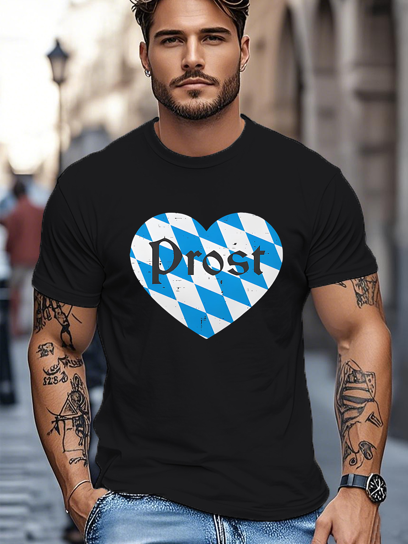 Men's Graphic T-Shirt Prost Blue And White Bavarian Patterned Heart