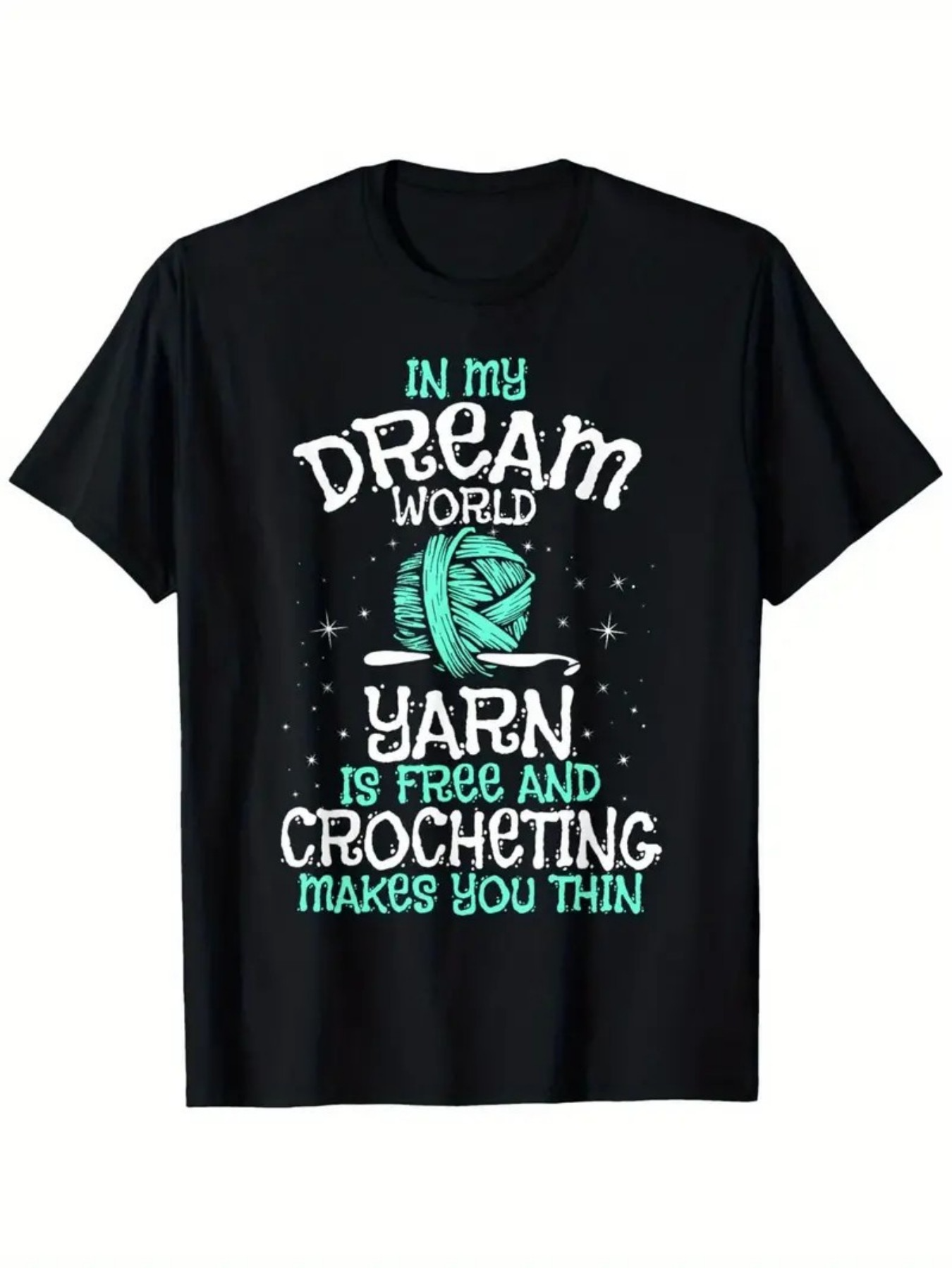 Men's Graphic T-Shirt In My Dream World With Scattered Stars Featuring Yarn Ball And Crochet Needles